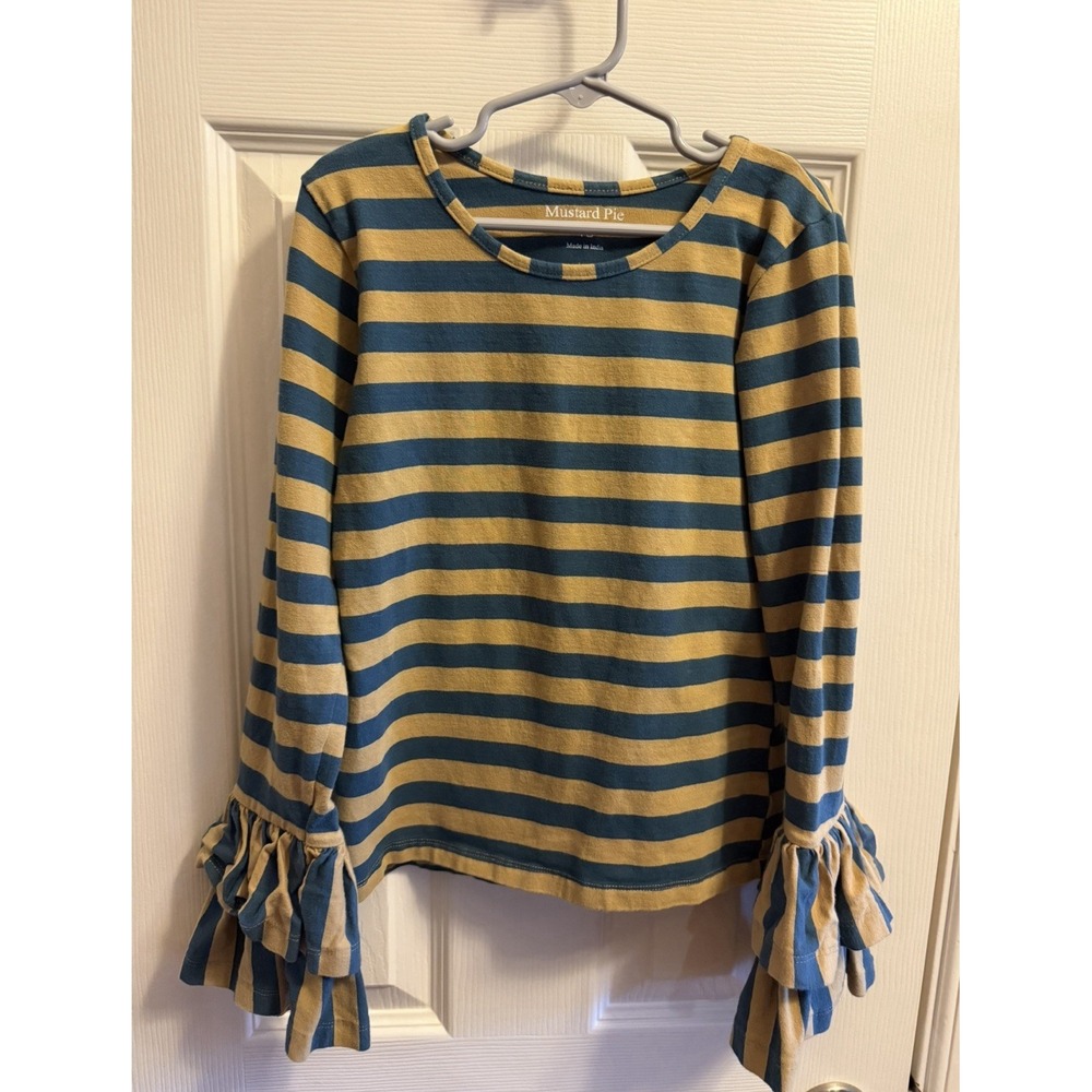 Mustard Pie Girls Striped Ruffle Sleeve‎ Top Size 10 Mustard Blue Fall